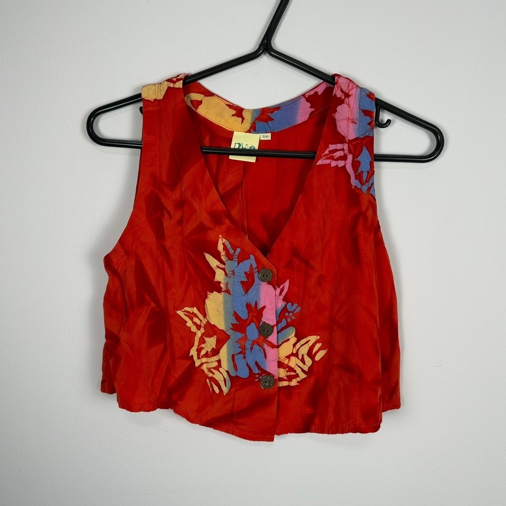 Vintage Dua Bali Hand Painted Batik Crop Vest Top - 90s Festival Boho - Size S/M